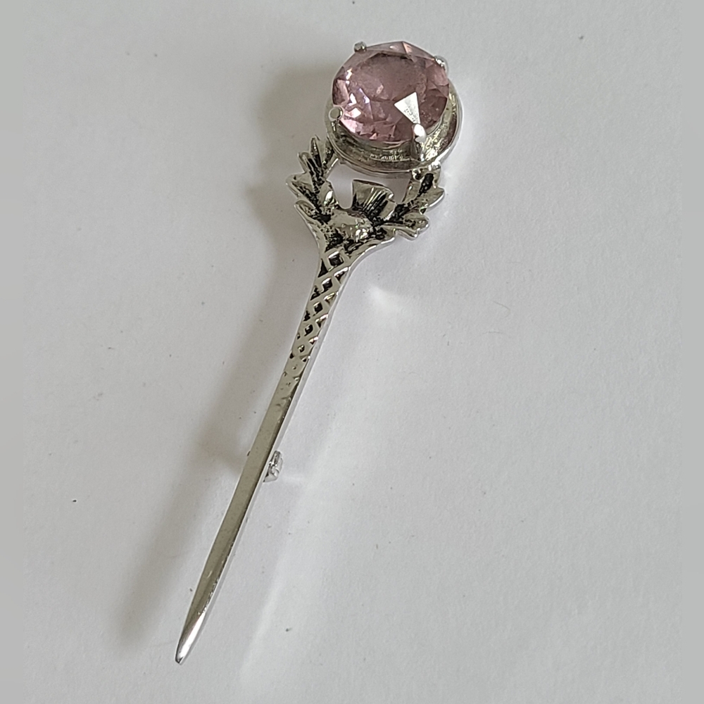 Vintage Silver Tone Pink Amethyst Glass Scottish Thistle Sword Kilt Brooch Pin - Picture 5 of 12